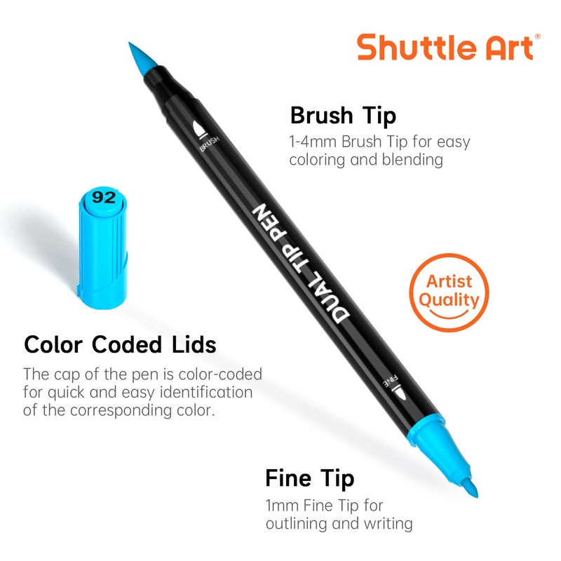 Shuttle Art Dual Tip Brush Pens, 96 Colours Fine and Brush Tip Markers Set with Pen Holder & 1 Colouring Book, Felt Tip Colouring Pens for Adults and Children Colouring Calligraphy Journal Doodling - Image 3